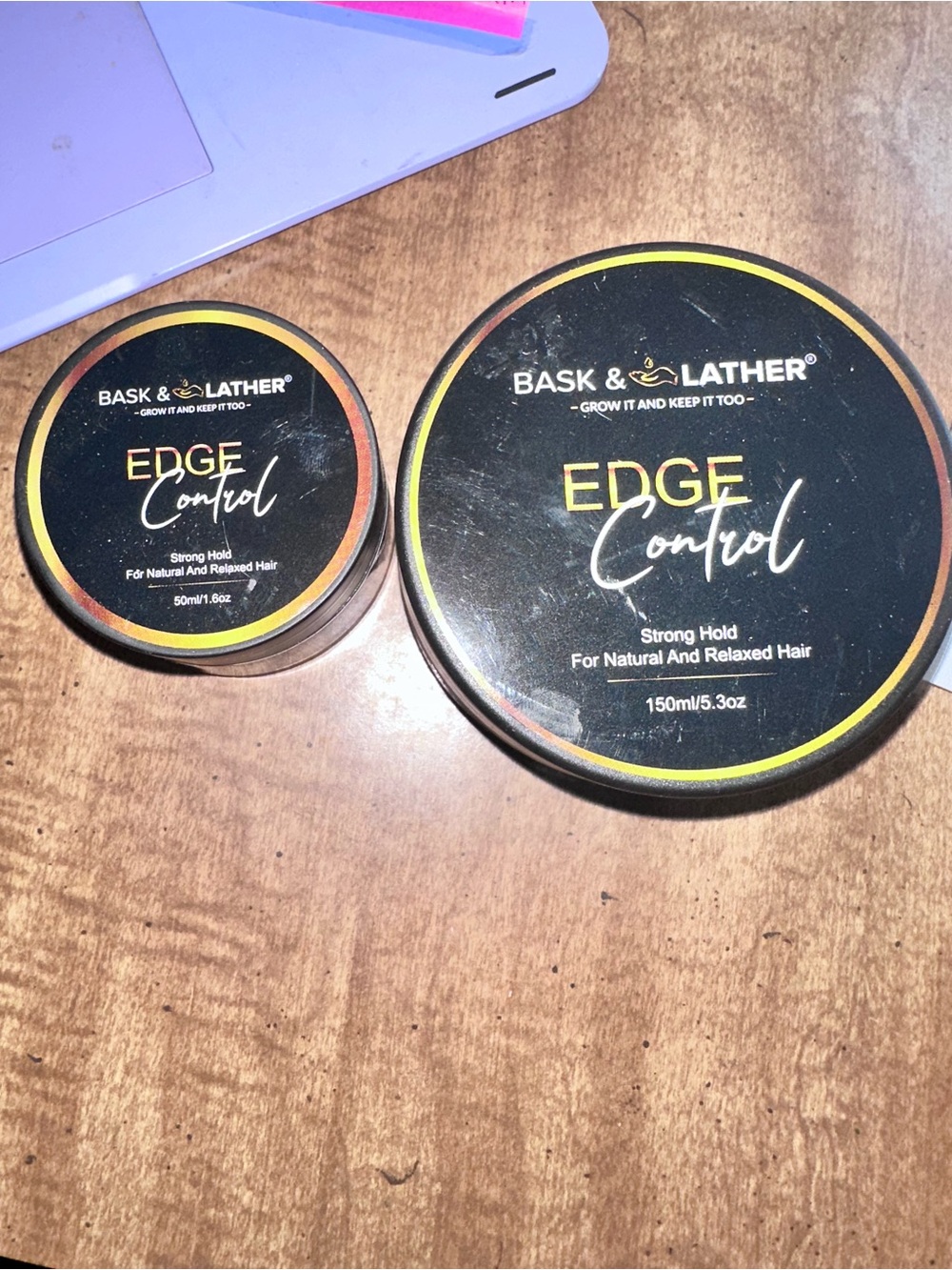 Bask & Lather Edge Control Gel full size and travel size